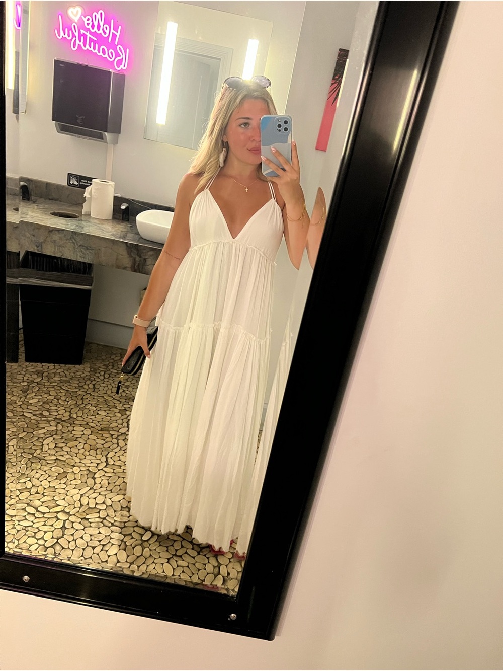 Pink Lily White Spaghetti-Strap V-Neck Tiered Maxi Dress